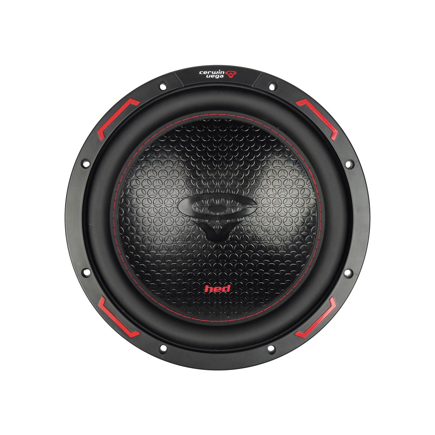 The HED 2025 Edition Subwoofer features a round design with a textured black cone, central logo, red and black theme including red "hed" on the cone, and a black surround adorned with small red triangles.